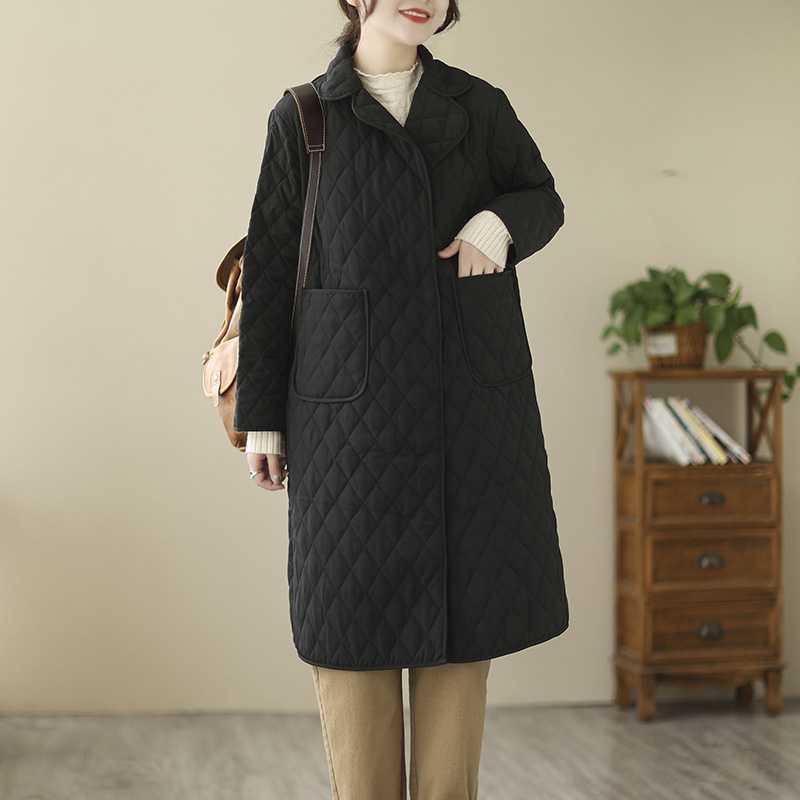Artistic Retro Diamond Lattice Cotton-padded Clothes Mid-length Coat And Trench Coat