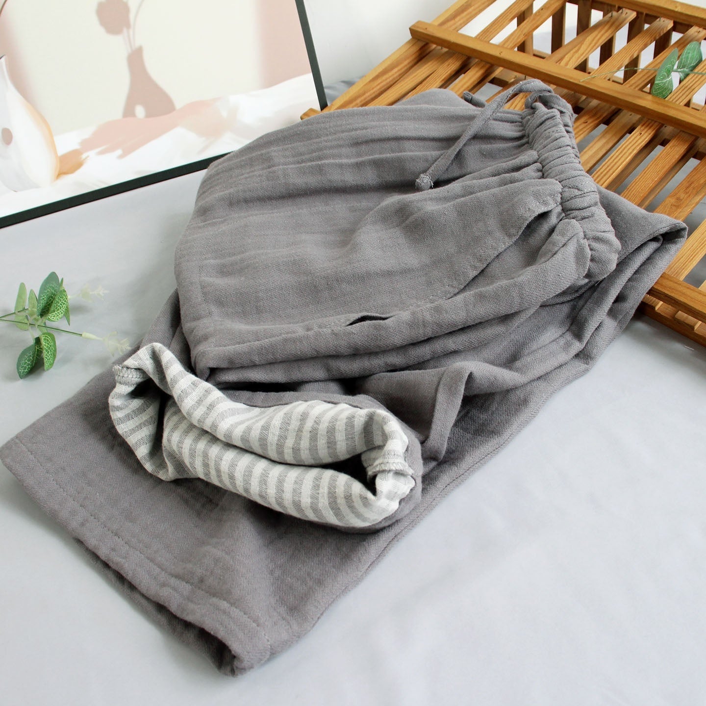 Men's Solid Color Pajama Pants Cotton Double-layer Gauze Loose