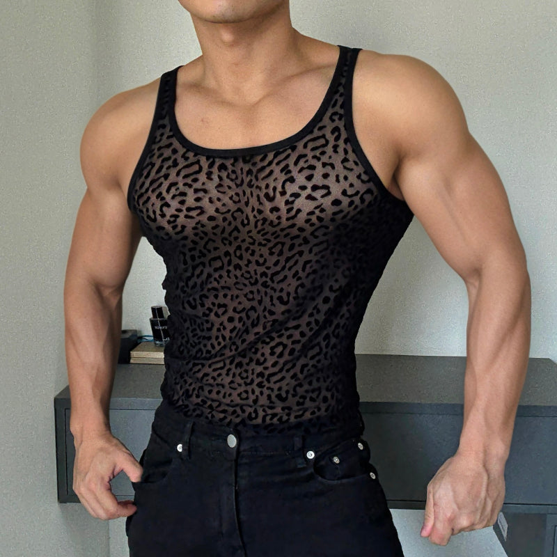 Leopard Print Cutout See-through Vest For Men Sleeveless T-shirt Breathable Disco Vest Base Layer