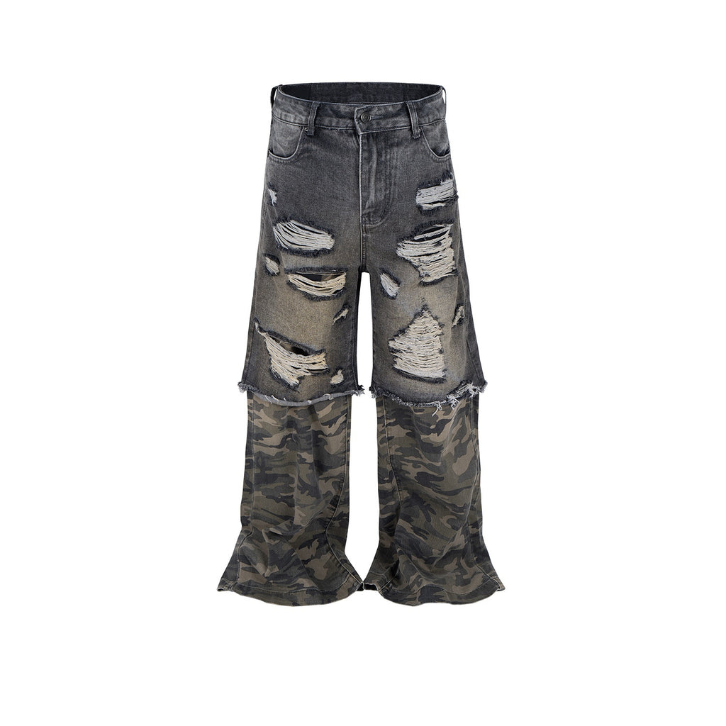 Camouflage Stitching Micro-pull Wide Leg Ripped Ripped Jeans