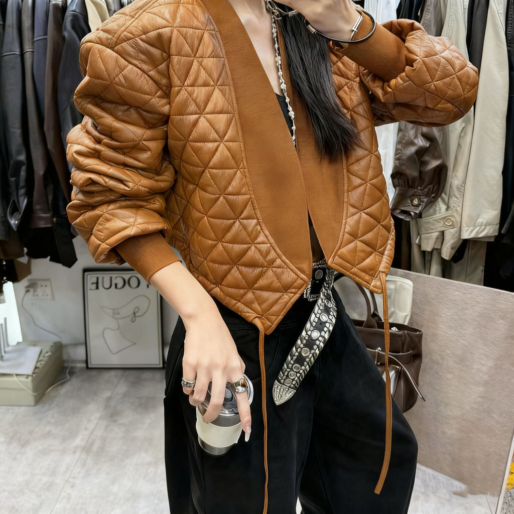 Temperament Long-sleeve Plaid Loose Cotton-padded PU Leather Jacket