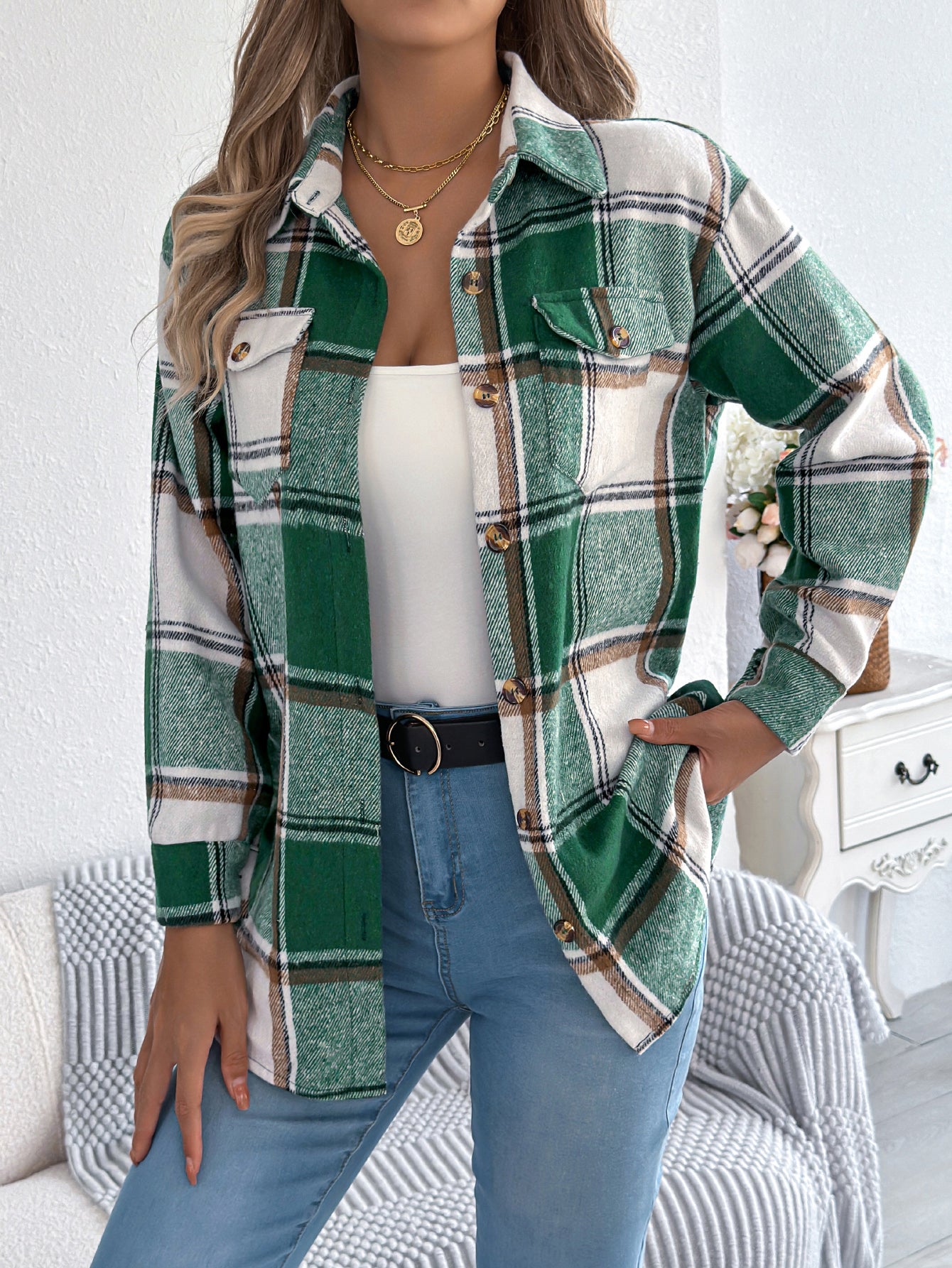 Women's Casual Plaid Fake Pocket Long Sleeve Tweed Mid-Length Coat
