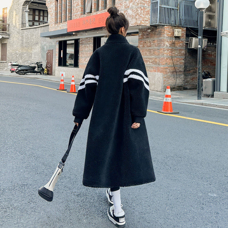 Women's Black Patchwork Lambswool Long Velvet Coat