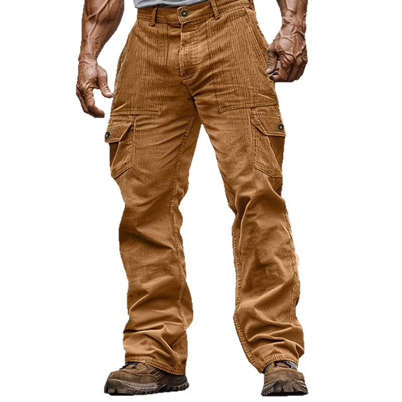 Corduroy Wear-resistant Casual Elastic Waist Multi-pocket Pure Color Comfort Men's Overalls