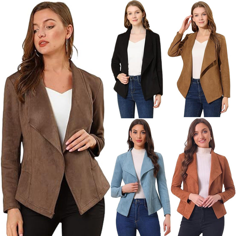 Casual Suede Lapel Long Sleeve Short Coat For Women