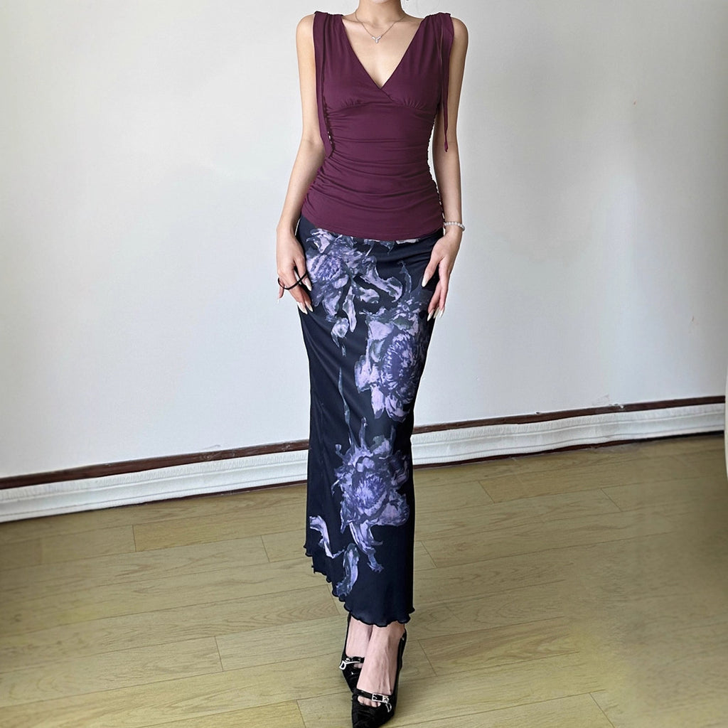 Deep V-neck Strap Pleated Bust Vest Spicy Girl-style Vintage Versatile Figure-hugging Top