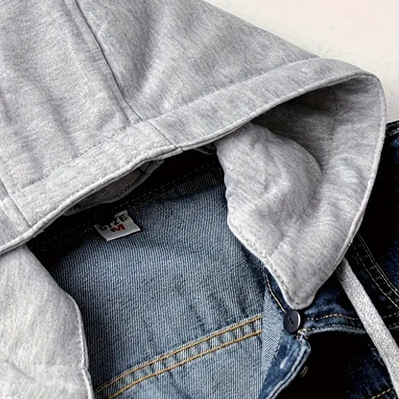 Plus Size Women's Denim Short Jacket, Hooded Cropped Zip-Up Coat With Pockets For Street Style Layering