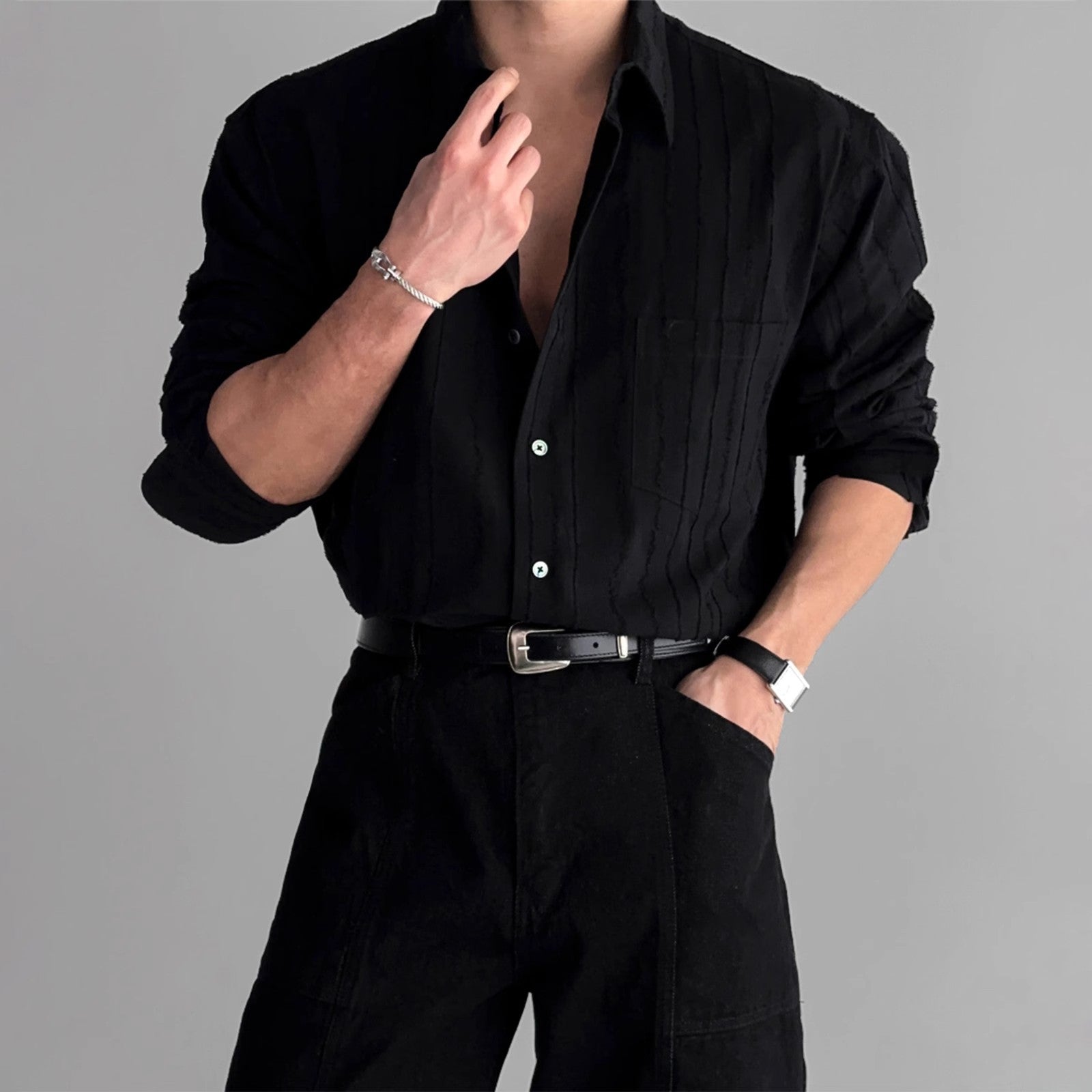 New High-end Textured Wide Solid Color Thin Pocket Long Sleeve Shirt