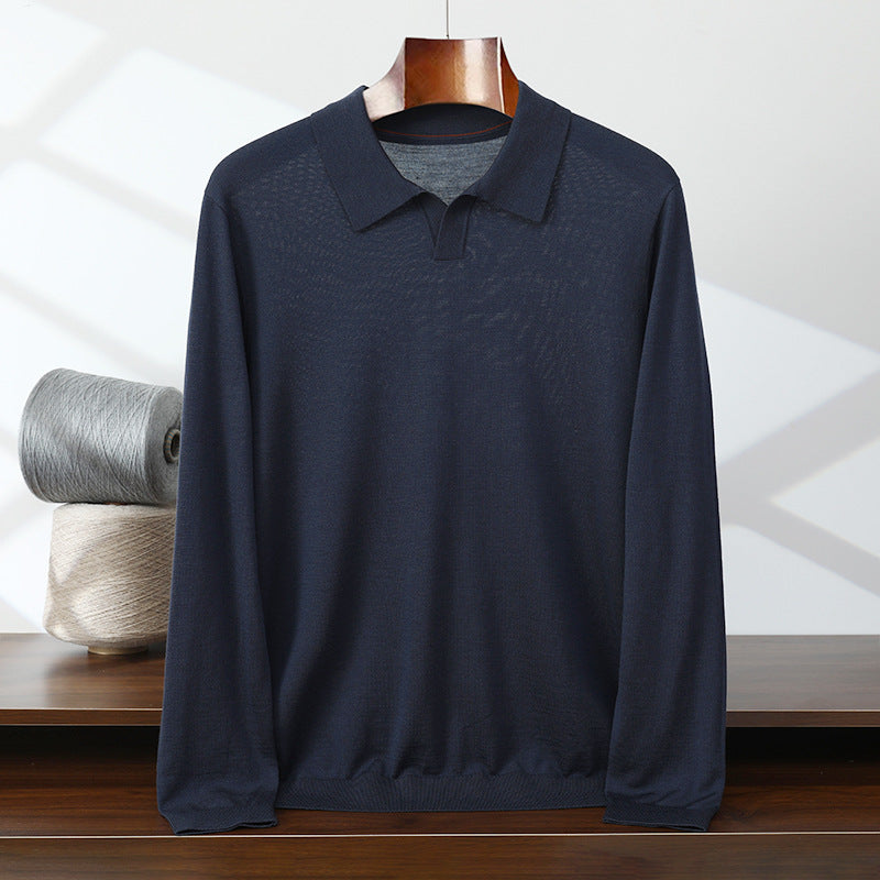 Men's Thin Worsted Pure Wool Sweater POLO Lapel Shirt
