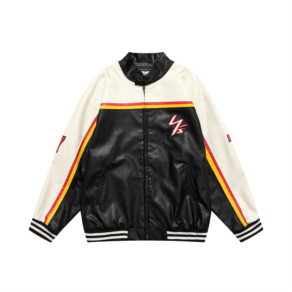 Men's Colorblock Stitching Zipper Stand Collar Leather Jacket