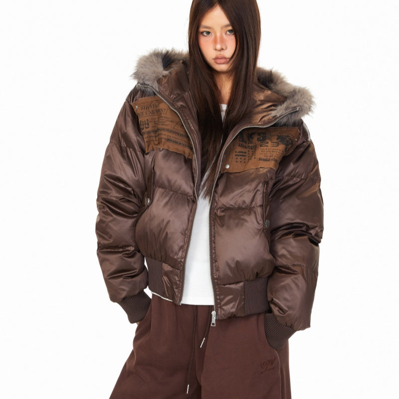 Personality Patch Fur Collar Hooded Cotton Coat Women's Winter American Style