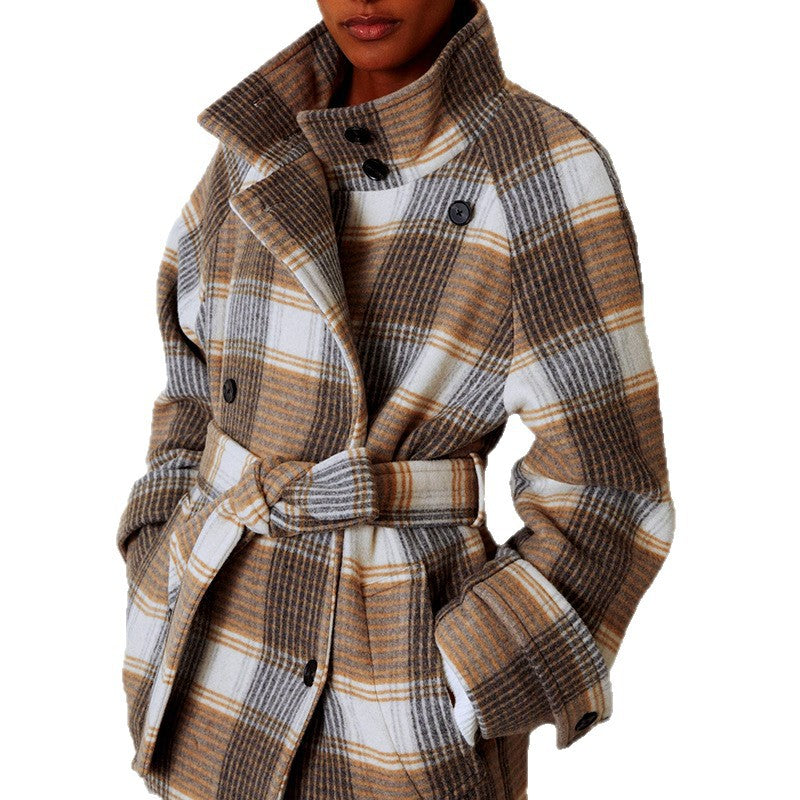 Women's Contrast Color Plaid Coat Waist-tied Coat