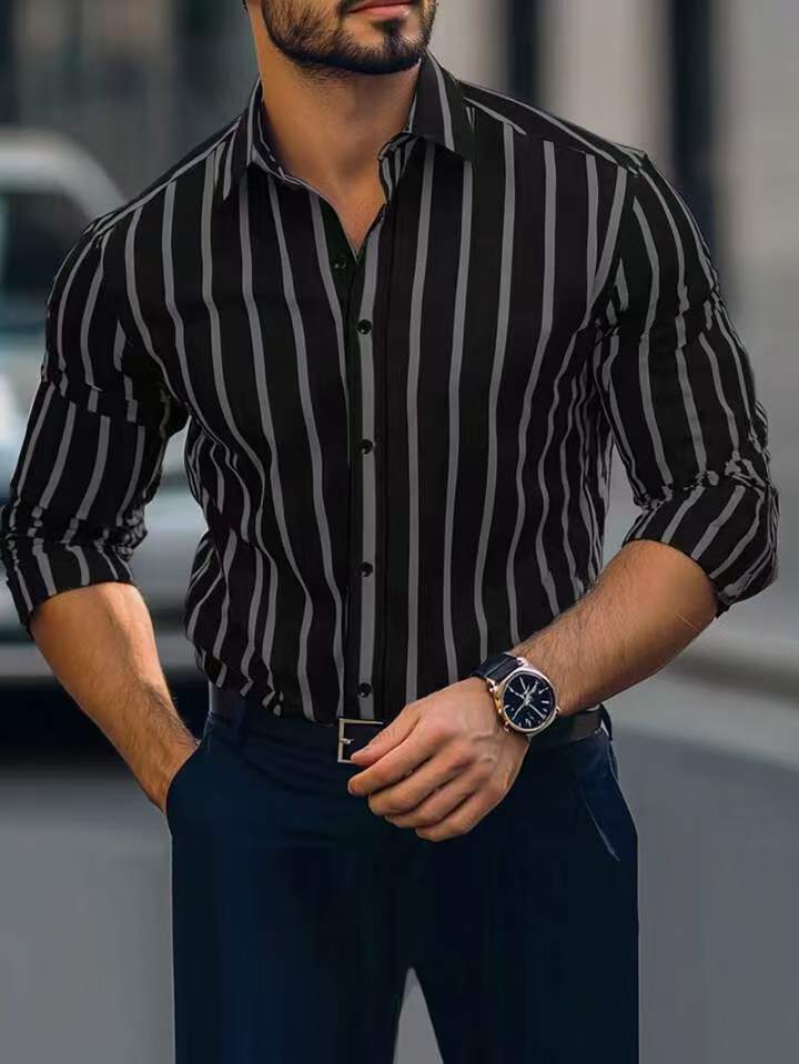 Striped Printed Casual Four-way Stretch Long Sleeve Shirt For Men