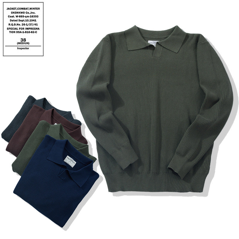 Braid Pattern Pure Cotton Lapel Thick Knitwear Sweater