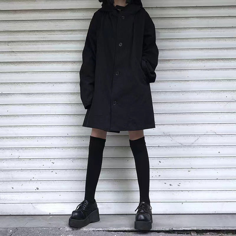Dark Hooded Loose Coat Women's Clothing