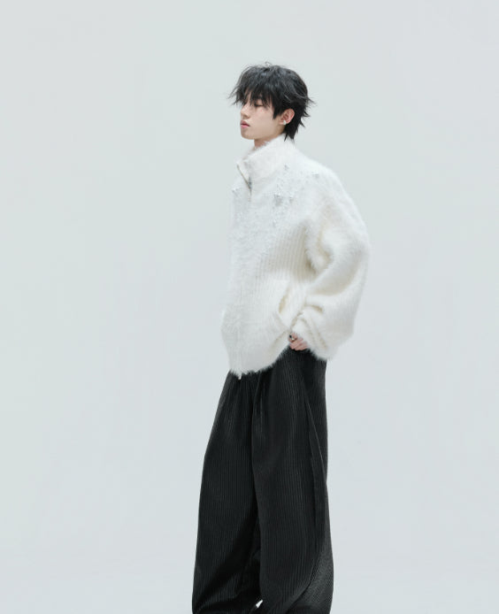 Turtleneck Plush Pearl Embellished Sweater Cardigan