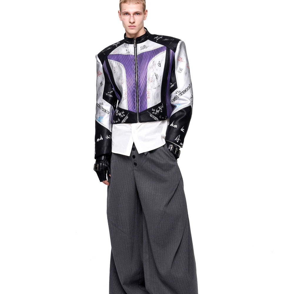 Short Stand-up Collar Graffiti Leather Jacket For Men