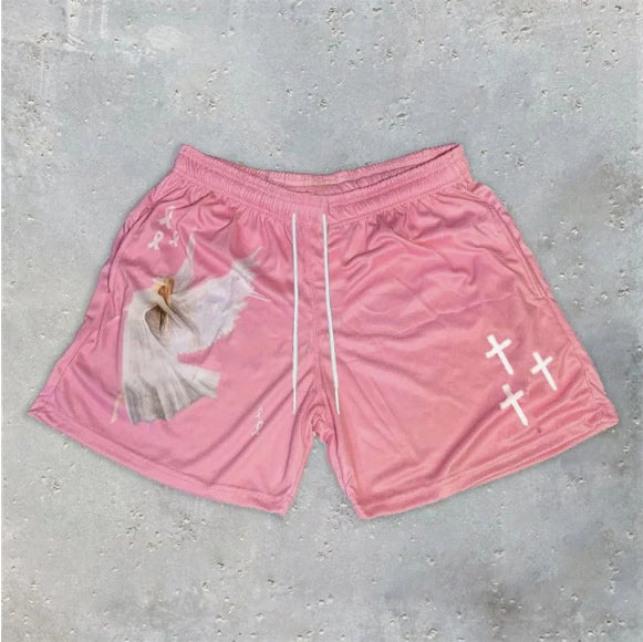 American-style Vintage Angel Cross Print Mesh Shorts Men's Athletic Shorts