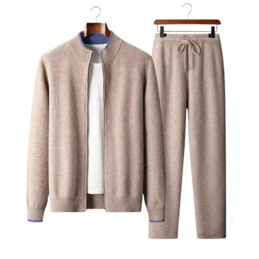 Men's Color-blocked Semi-high Neck Zip-up Wool Fashion Trendy Set