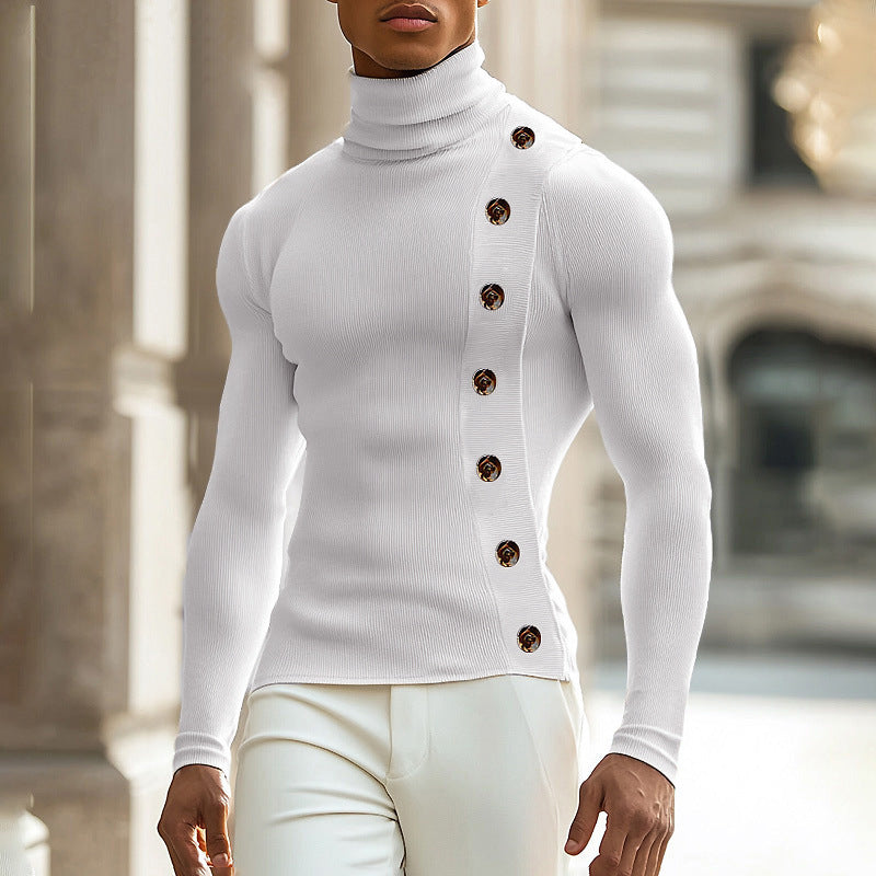 European And American Men Casual Sweater Turtleneck Buttons Solid Color Long Sleeve