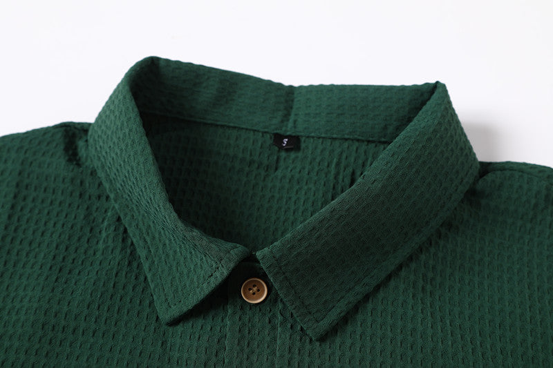Retro Waffle Patterned Dark Green Lapel Polo Shirt - A Short-sleeved Casual Top With Breathable Texture