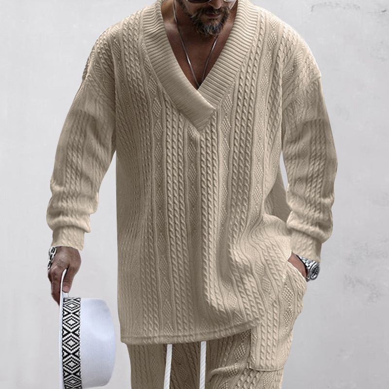 European And American Style Men's Clothing Jacquard Loose-fitting Knitted Solid Color Casual V-neck Long-sleeve Knitwear