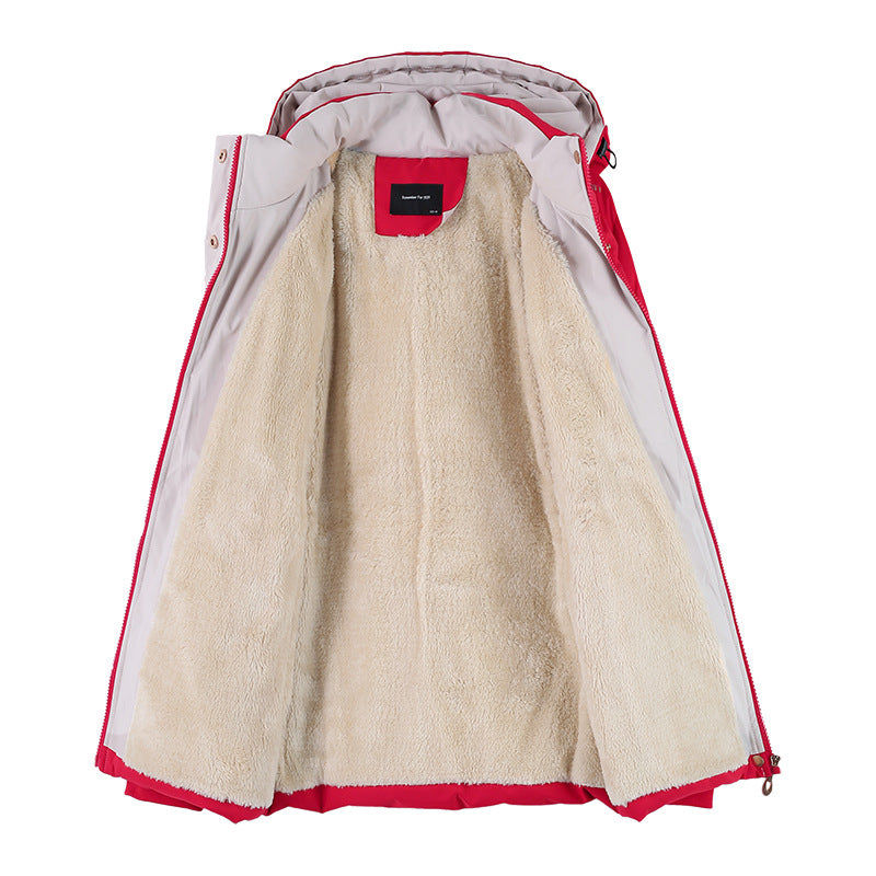 Winter Fleece-lined Thick Middle-aged Mom's Lamb Fleece Hooded Down Cotton Coat For Women