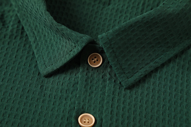 Retro Waffle Patterned Dark Green Lapel Polo Shirt - A Short-sleeved Casual Top With Breathable Texture