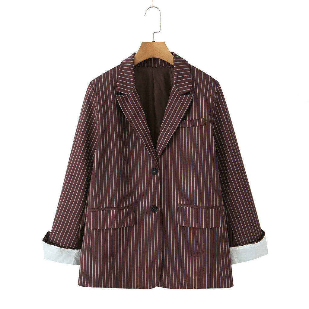 Versatile Elegant Brown Striped Loose Suit Jacket