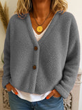 Casual V-neck Long Sleeve Cardigan Solid Color Fleece Button Coat