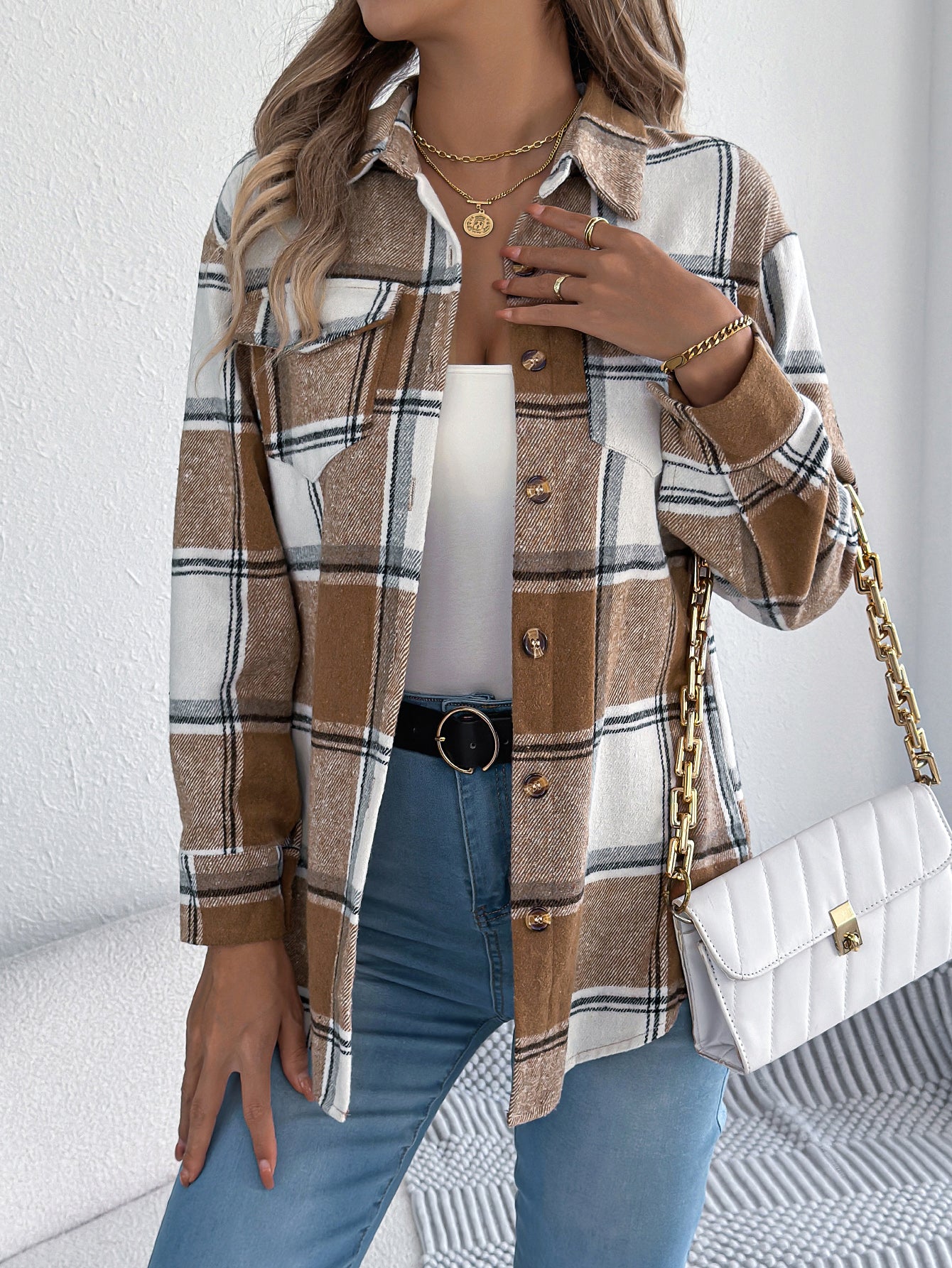 Women's Casual Plaid Fake Pocket Long Sleeve Tweed Mid-Length Coat