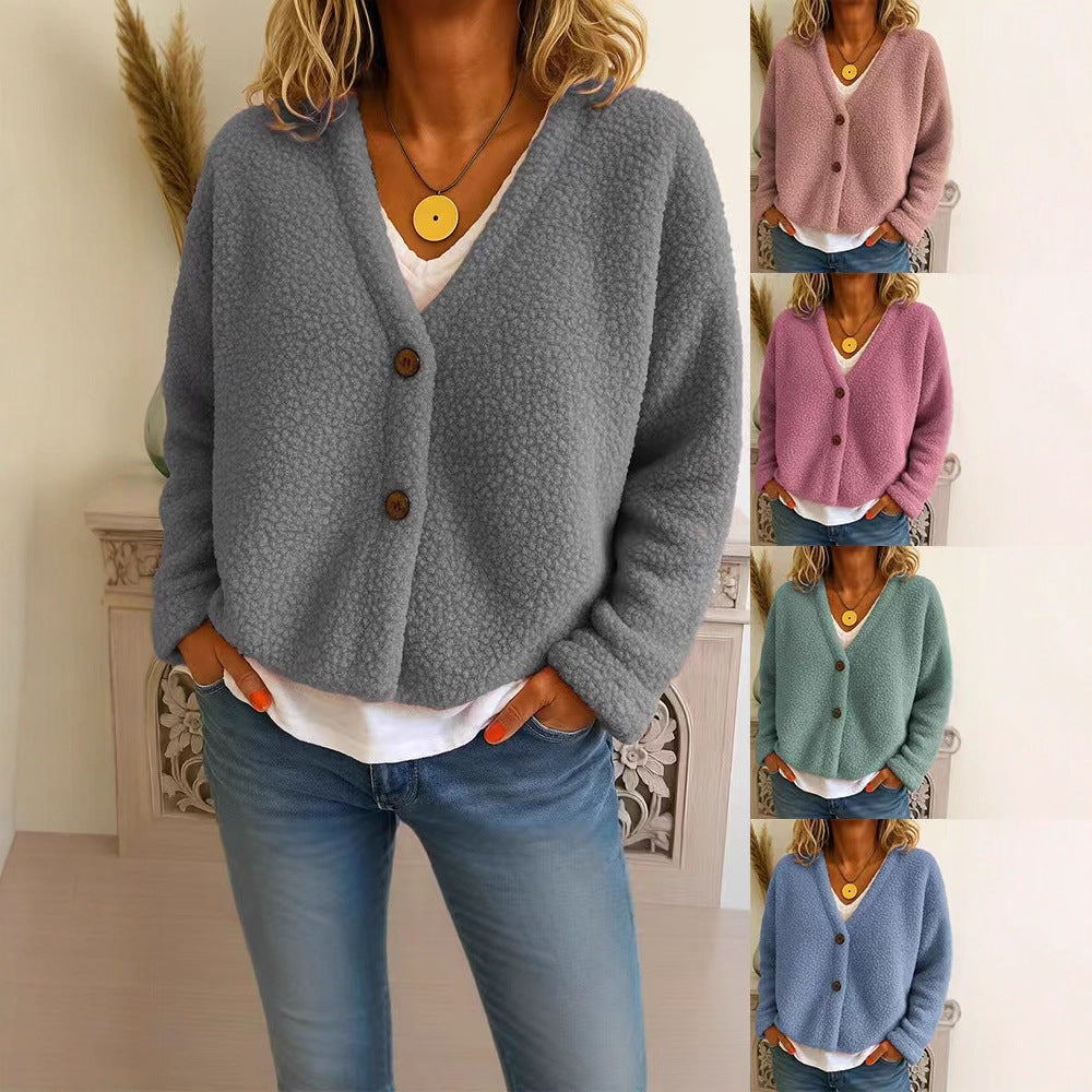 Casual V-neck Long Sleeve Cardigan Solid Color Fleece Button Coat