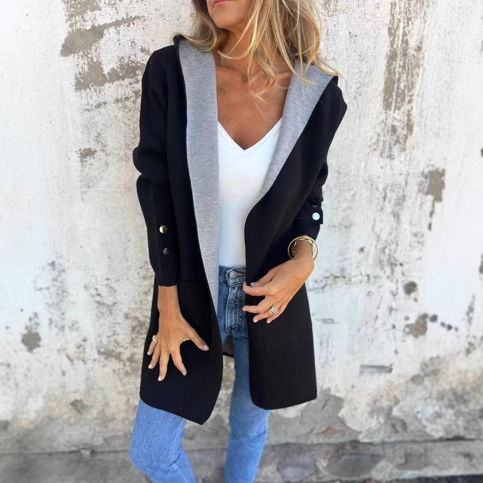 European And American Spring New Women's Clothing Casual Contrast Color Sweater Cardigan Hooded Coat