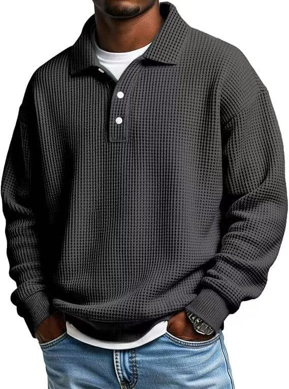 Men's Waffle-Knit Polo Shirt, Retro Solid-Color Top